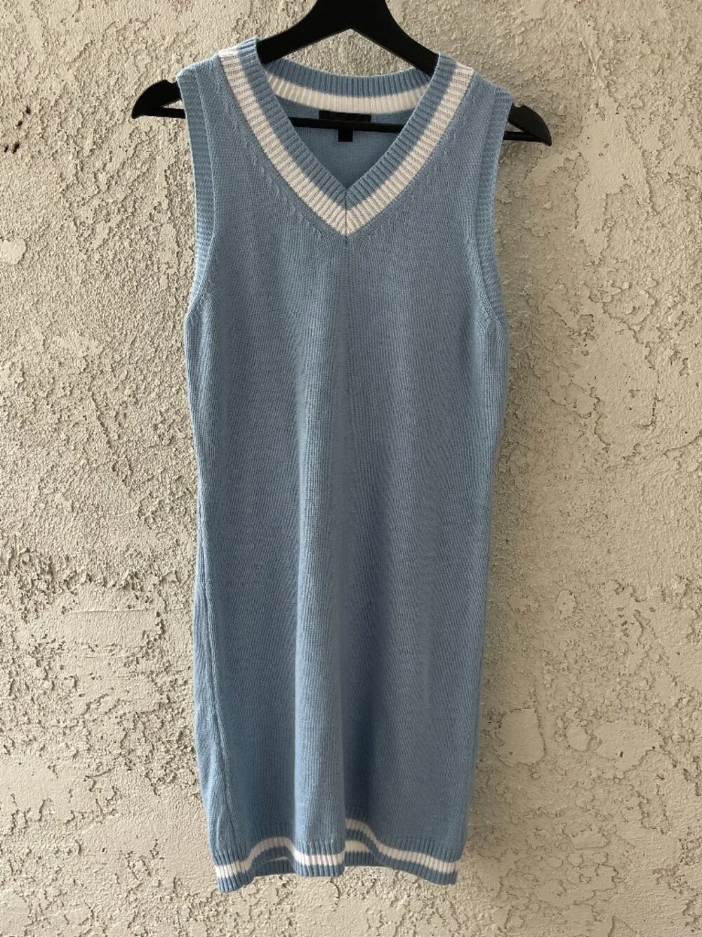 Tenniscore V-Neck Knit Mini Dress Preppy Old Money Light Blue L